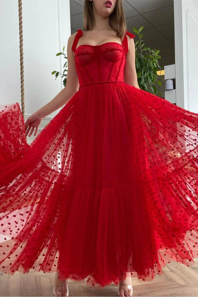 Corset Straps A-line Red Dots  Midi Dresses, Long Prom Dresses, Holiday Dresses, Party Dancing Dresses