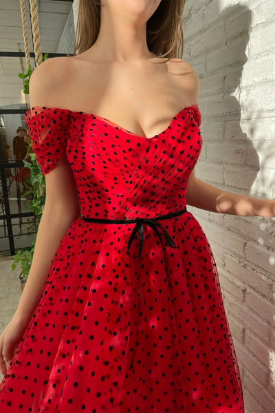 Red Off the Shoulder Dotted Midi Dresses With Belt, Cute Party Dancing Dresses, Newest Prom Dresses