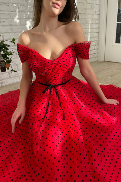 Red Off the Shoulder Dotted Midi Dresses With Belt, Cute Party Dancing Dresses, Newest Prom Dresses