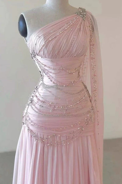 One Shoulder Pink Pleated A-line Prom Dresses With Pearls and Beaded Detail, Popular Prom Dresses