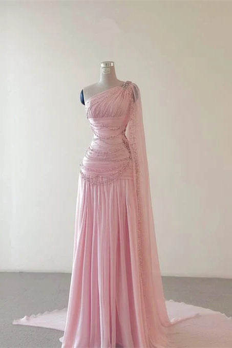 One Shoulder Pink Pleated A-line Prom Dresses With Pearls and Beaded Detail, Popular Prom Dresses