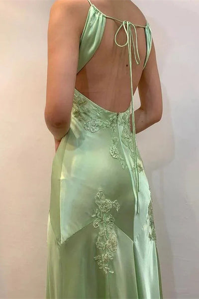 Mint Green Sheath Soft Satin Prom Dresses WIth Lace Aplliques, Popular Newest Party Dance Dresses