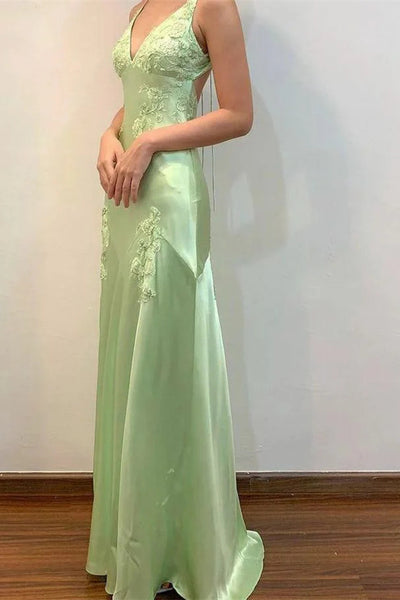 Mint Green Sheath Soft Satin Prom Dresses WIth Lace Aplliques, Popular Newest Party Dance Dresses