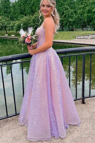 Spaghetti Long A-line Shiny Sequin Prom Dresses, Lovely Party Evening Dresses, Newest Prom Dresses