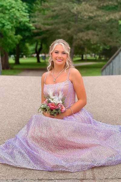 Spaghetti Long A-line Shiny Sequin Prom Dresses, Lovely Party Evening Dresses, Newest Prom Dresses