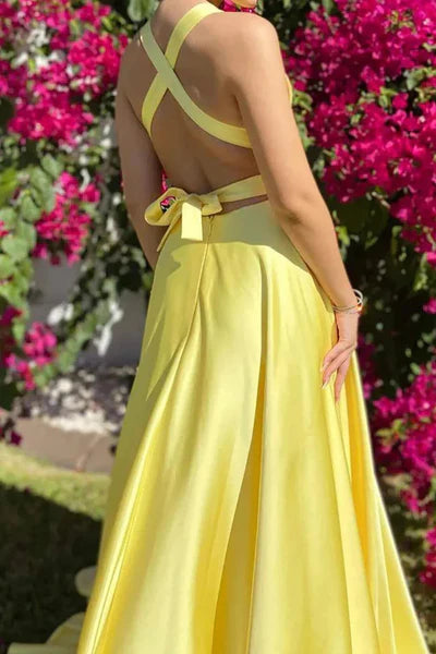 Deep V-neck Yellow Soft Satin Prom Dresses, Chic Newest Prom Dresses, Maxi Dresses