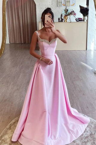 A-line Pink Satin Prom Dresses WIth Beaded Neckline, Princess Party Dance Dresses, 2025 Prom Dresses