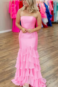 Strapless Pink Mermaid Layered Prom Dresses, Lovely Party Dancing Dresses, Newest Prom Dresses