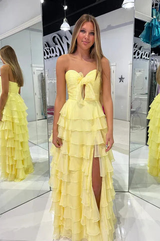 Sweetheart Long A-line Yellow Ruffles Prom Dresses, Party Dancing Dresses, 2025 Prom Dresses