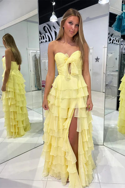 Sweetheart Long A-line Yellow Ruffles Prom Dresses, Party Dancing Dresses, 2025 Prom Dresses