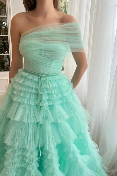 Turquoise One Shoulder A-line Prom Dresses With Ruffles, Luxury Evening Dresses, Newest 2025 Prom Dresses