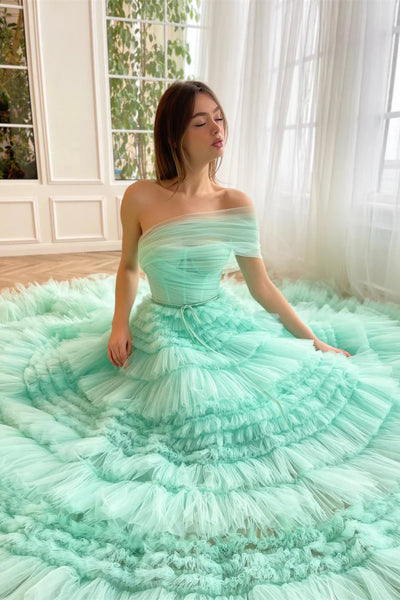 Turquoise One Shoulder A-line Prom Dresses With Ruffles, Luxury Evening Dresses, Newest 2025 Prom Dresses