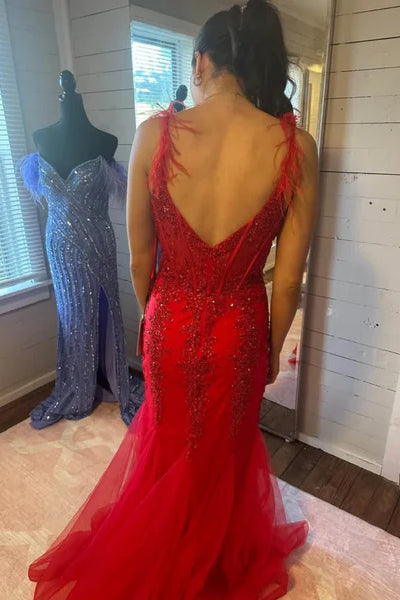Spaghetti Lace Sequin Beaded Red Mermaid Prom Dresses, Newest Formal Evening Dresses, 2025 Prom Dresses