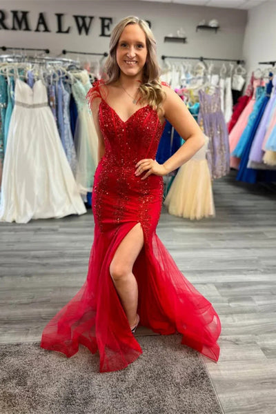 Spaghetti Lace Sequin Beaded Red Mermaid Prom Dresses, Newest Formal Evening Dresses, 2025 Prom Dresses