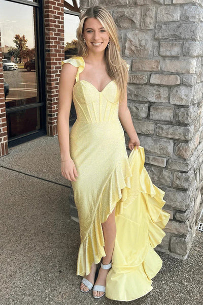 Sweetheart Long Sheath Yellow Prom Dresses With Ruffle Slit, Corset Lace Up Prom Dresses, Newest 2025 Prom Dresses