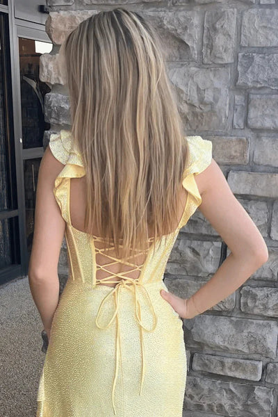 Sweetheart Long Sheath Yellow Prom Dresses With Ruffle Slit, Corset Lace Up Prom Dresses, Newest 2025 Prom Dresses