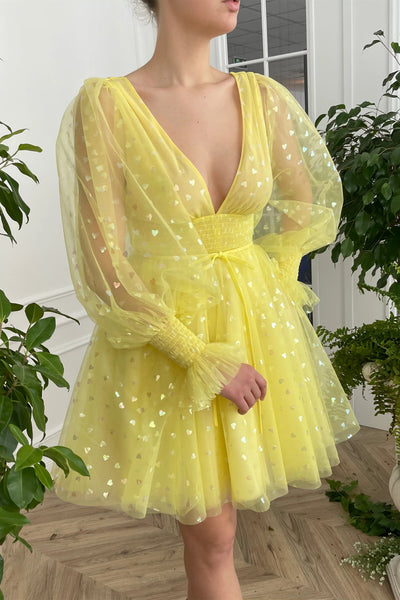 Yellow Deep V-neck Long Sleeves Mini Dresses With Heart Pattern, Lovely Sweet 16 Dresses