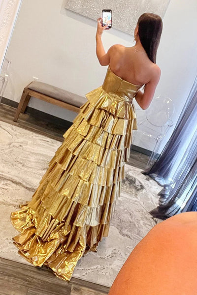 Sweetheart Long A-line Gold Metalic Ruffle Cake Prom Dresses, Newest Popular Prom Dresses