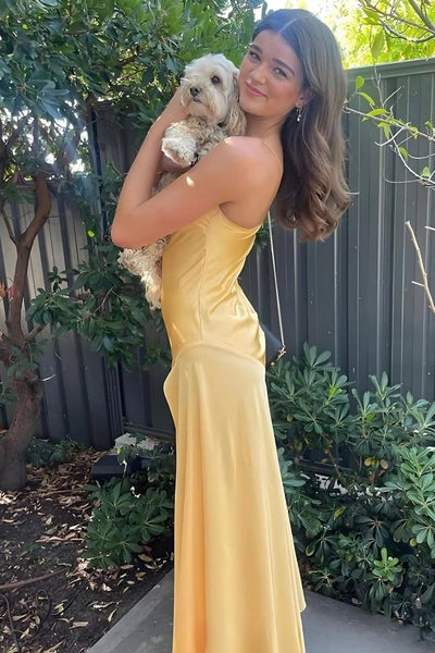 Spaghetti Long SHeath Yellow Satin Prom Dresses, Maxi Dresses, Popular Prom Dresses