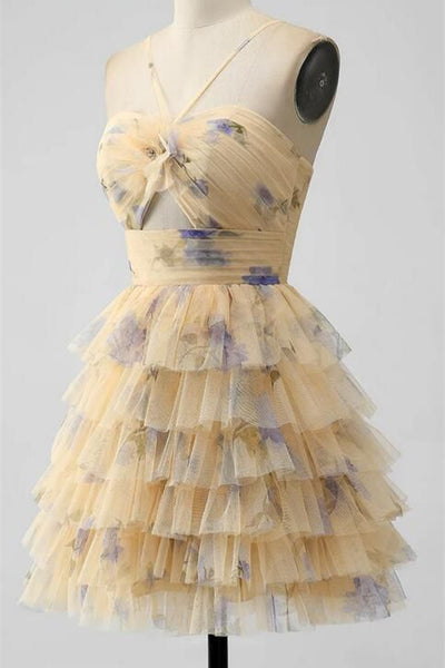 Cute Printed Tulle Mini Dresses, Vacation Dresses, Concert Wear, Homecoming Dresses