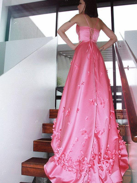 V-neck Long A-line Pink Satin Prom Dresses, 3D Floral Prom Dresses, 2021 Prom Dresses
