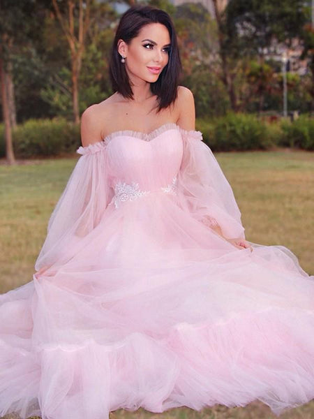 Sweetheart Pink Tulle A-line Prom Dresses, Lovely 2021 Prom Dresses, Long Prom Dresses