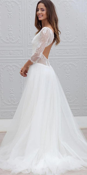 V-neck Long A-line Lace Tulle Wedding Dresses, A-line Wedding Dresses, 2020 Wedding Dresses