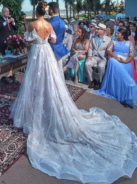 V-neck Long A-line Lace Tulle Wedding Dresses