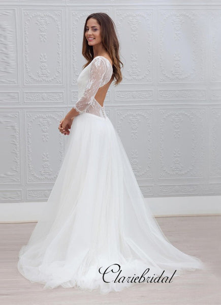 Elegant Long A-line Lace Tulle Wedding Dresses, Open Back Bridal Gown