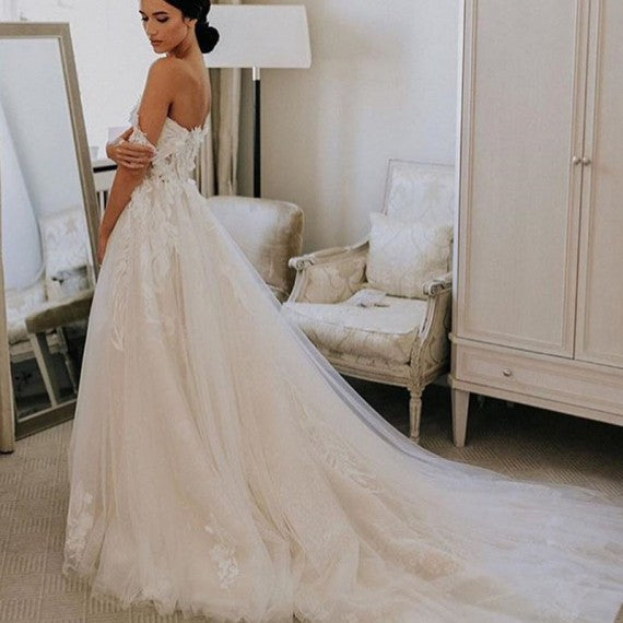 Off Shoulder Long A-line Side Slit Lace Wedding Dresses, Country Wedding Dresses, 2020 Wedding Dresses