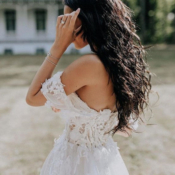 Off Shoulder Long A-line Side Slit Lace Wedding Dresses, Country Wedding Dresses, 2020 Wedding Dresses