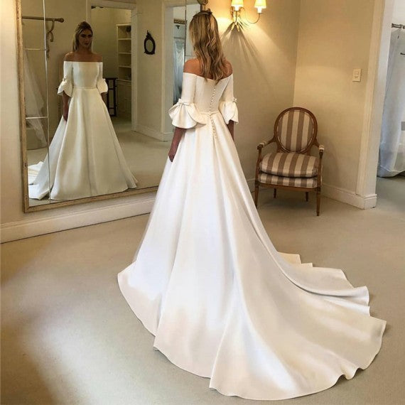 Off Shoulder Long A-line Ivory Satin Wedding Dresses, Elegant Long Wedding Dresses, Bridal Gown