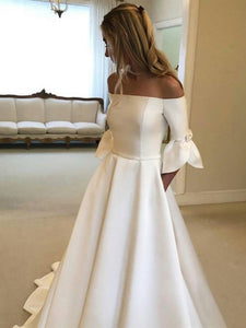 Off Shoulder Long A-line Ivory Satin Wedding Dresses, Elegant Long Wedding Dresses, Bridal Gown