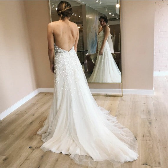 Spagetti Long A-line Lace Appliques Wedding Dresses, Side Slit Wedding Dresses, 2020 Wedding Dresses