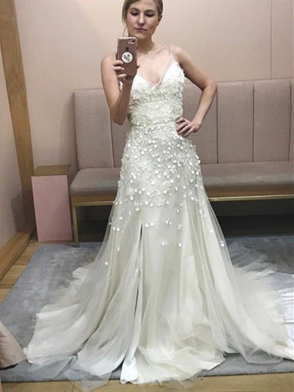 Spagetti Long A-line Lace Appliques Wedding Dresses, Side Slit Wedding Dresses, 2020 Wedding Dresses