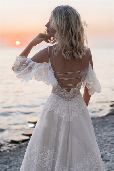 Spaghetti Long A-line Lace Wedding Dresses, Beach Wedding Dresses, Popular Wedding Dresses