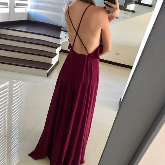V-neck A-line Burgundy Chiffon Bridesmaid Dresses, Simple Affordable Bridesmaid Dresses