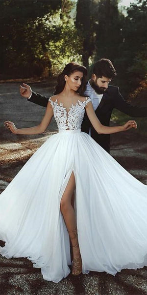 Cap Sleeves Lace Top Side Slit Wedding Dresses, Country Wedding Dresses, Long Wedding Dresses