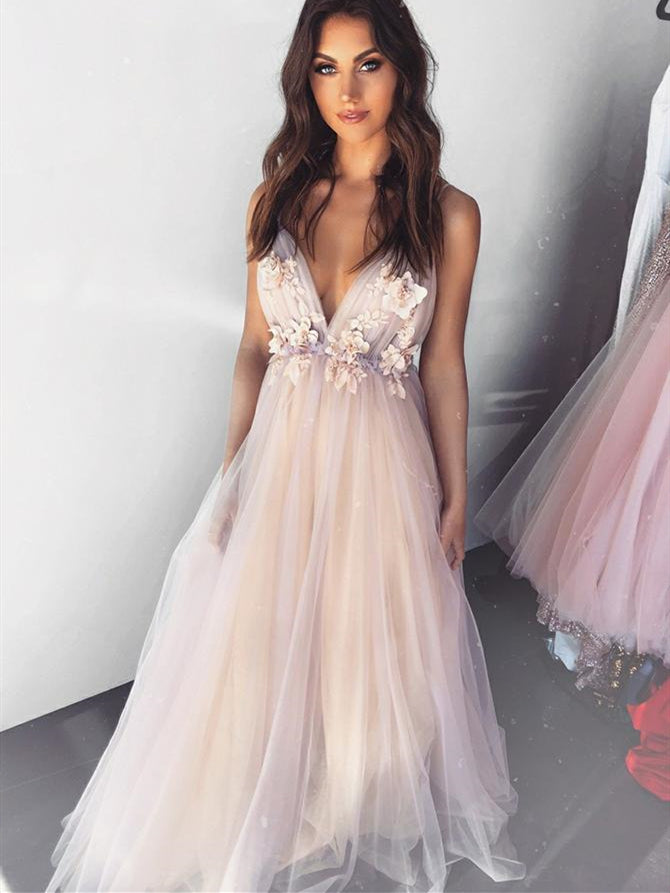 Deep V-neck Tulle Apppliques Prom Dresses, Long Prom Dresses, Popular Prom Dresses