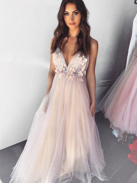 Deep V-neck Tulle Apppliques Prom Dresses, Long Prom Dresses, Popular Prom Dresses