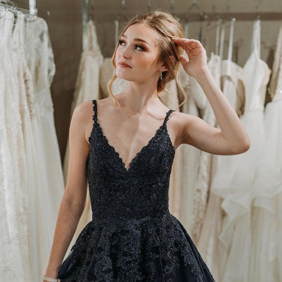 V-neck Black Lace Tulle Prom Dresses, A-line Prom Dresses, Newest Prom Dresses, Appliques Prom Dresses