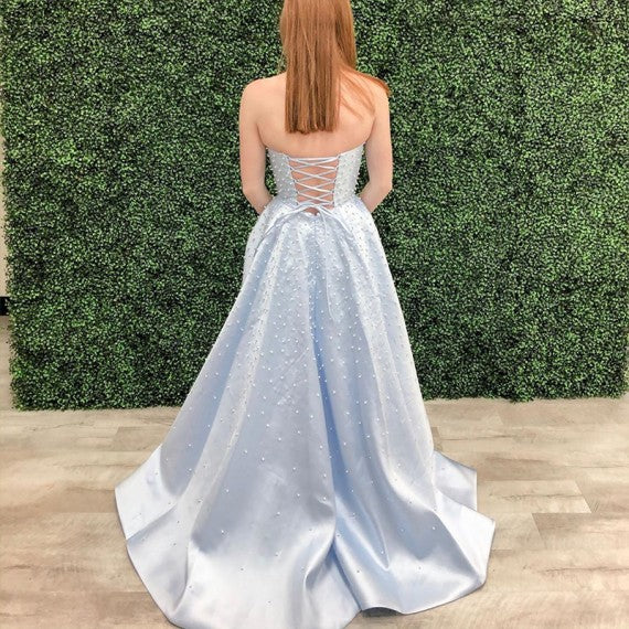 Light Blue Satin Beaded Prom Dresses, Lovely Prom Dresses, Side Slit Prom Dresses, 2020 Prom Dresses