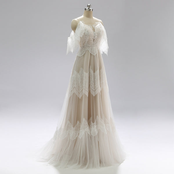Spaghetti Long A-line Lace Wedding Dresses, Beach Wedding Dresses, Popular Wedding Dresses