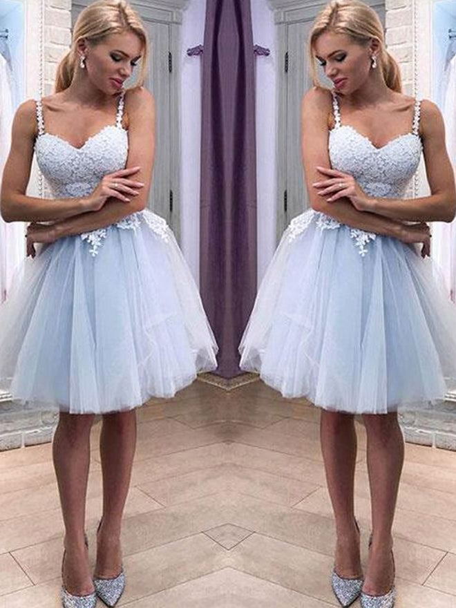 Sstraps Light Blue Lace Tulle Homecoming Dresses, Cute Short Prom Dresses, Homecoming Dresses