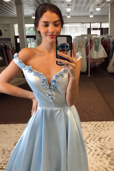 Off the Shoulder Light Blue Satin Prom Dresses, A-line Prom Dresses, 2021 Prom Dresses, Cheap Prom Dresses, Popular Prom Dresses