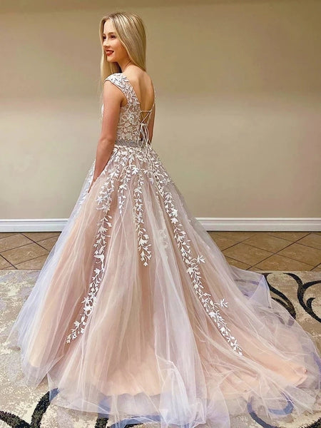 Round Neck Long A-line Lace Tulle Prom Dresses, Beaded Wasit Prom Dresses, Popular 2020 Prom Dresses