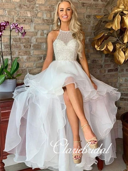 Halter Long A-line Hi-low Prom Dresses, Beaded Long Prom Dresses, New Arrival 2020 Prom Dresses