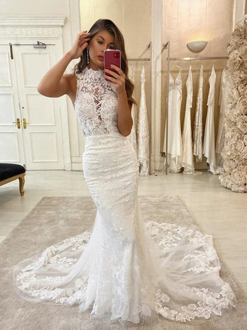 Fashion Newest Mermaid Wedding Dresses, Open Back Lace Wedding Dresses