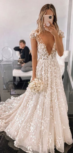 V-neck Appliques Wedding Dresses, Popular Wedding Dresses, Elegant Wedding Dresses