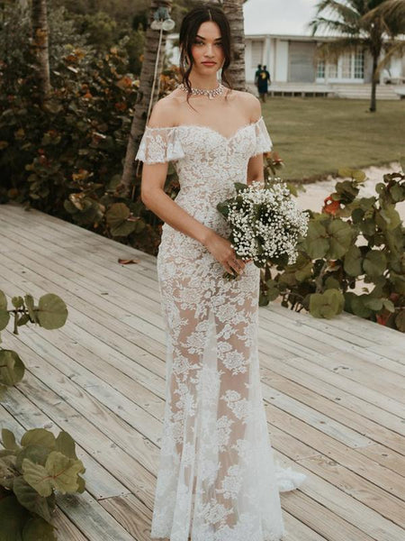 Off The Shoulder See Through Popular Wedding Dresses, Lace 2020 Wedding Dresses